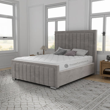 OTTOMAN STORAGE GREY PANEL PLUSH VELVET UPHOLSTERED BED FRAME DOUBLE KING SIZE