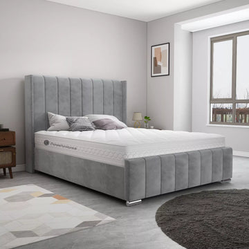 OTTOMAN BED FRAME GREY WING PANEL PLUSH VELVET UPHOLSTERED DOUBLE 4FT6 3FT 5FT