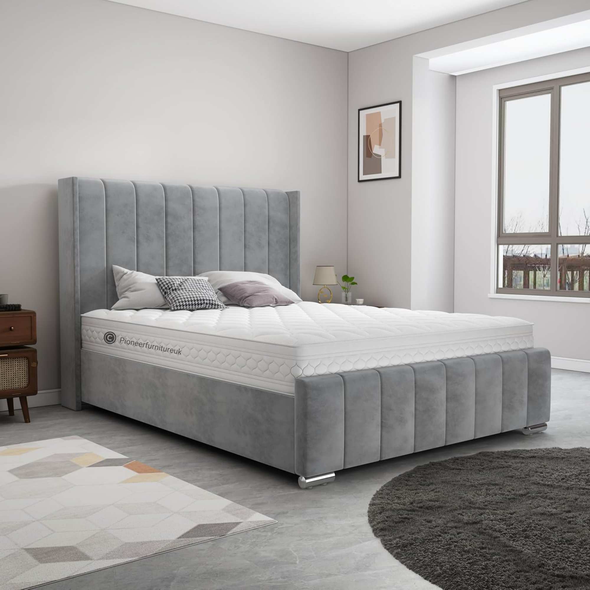 Wingback Panel Ottoman Bed - Grey PioneerFurnitureUK