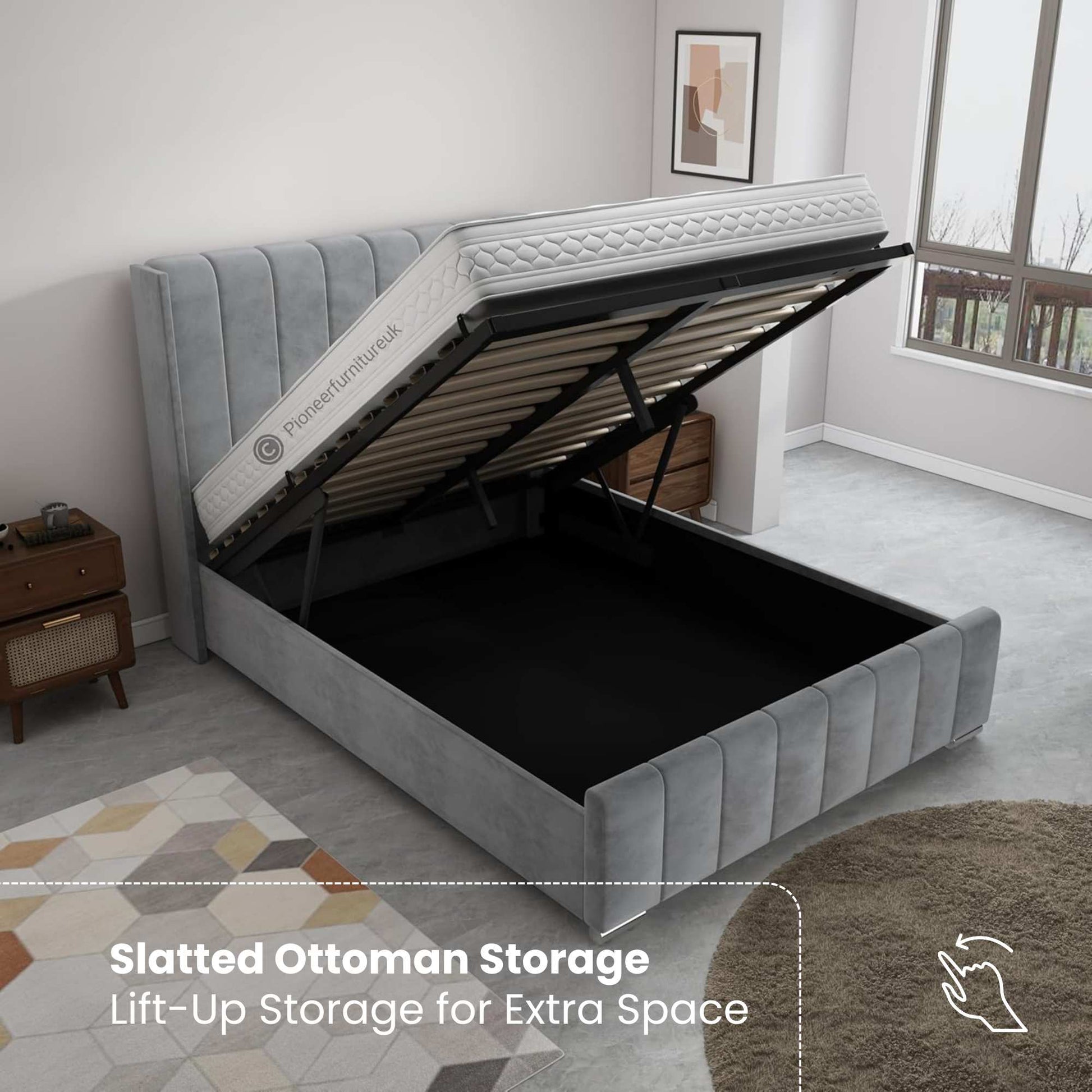 Wingback Panel Ottoman Bed - Grey PioneerFurnitureUK