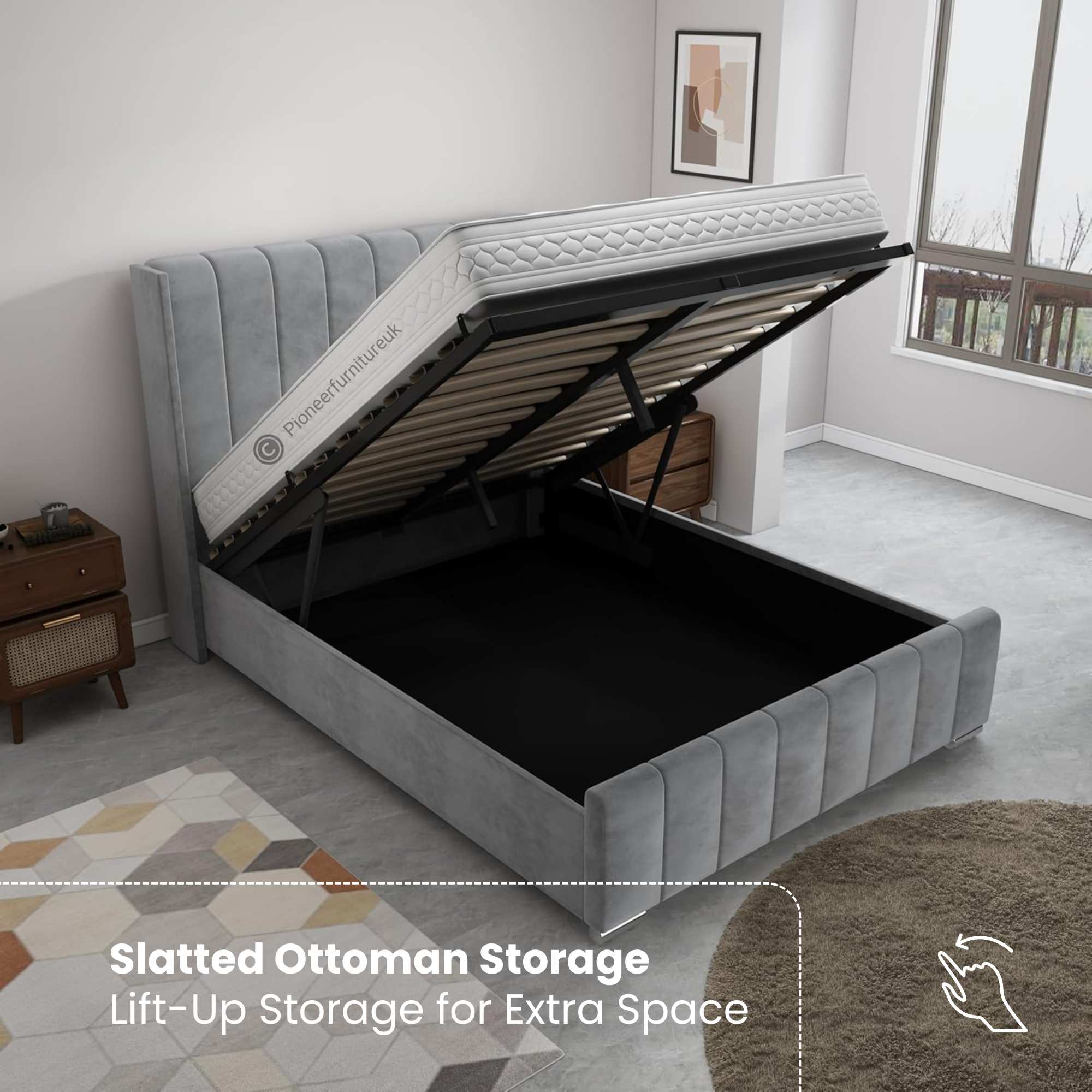Wingback Panel Ottoman Bed - Grey PioneerFurnitureUK