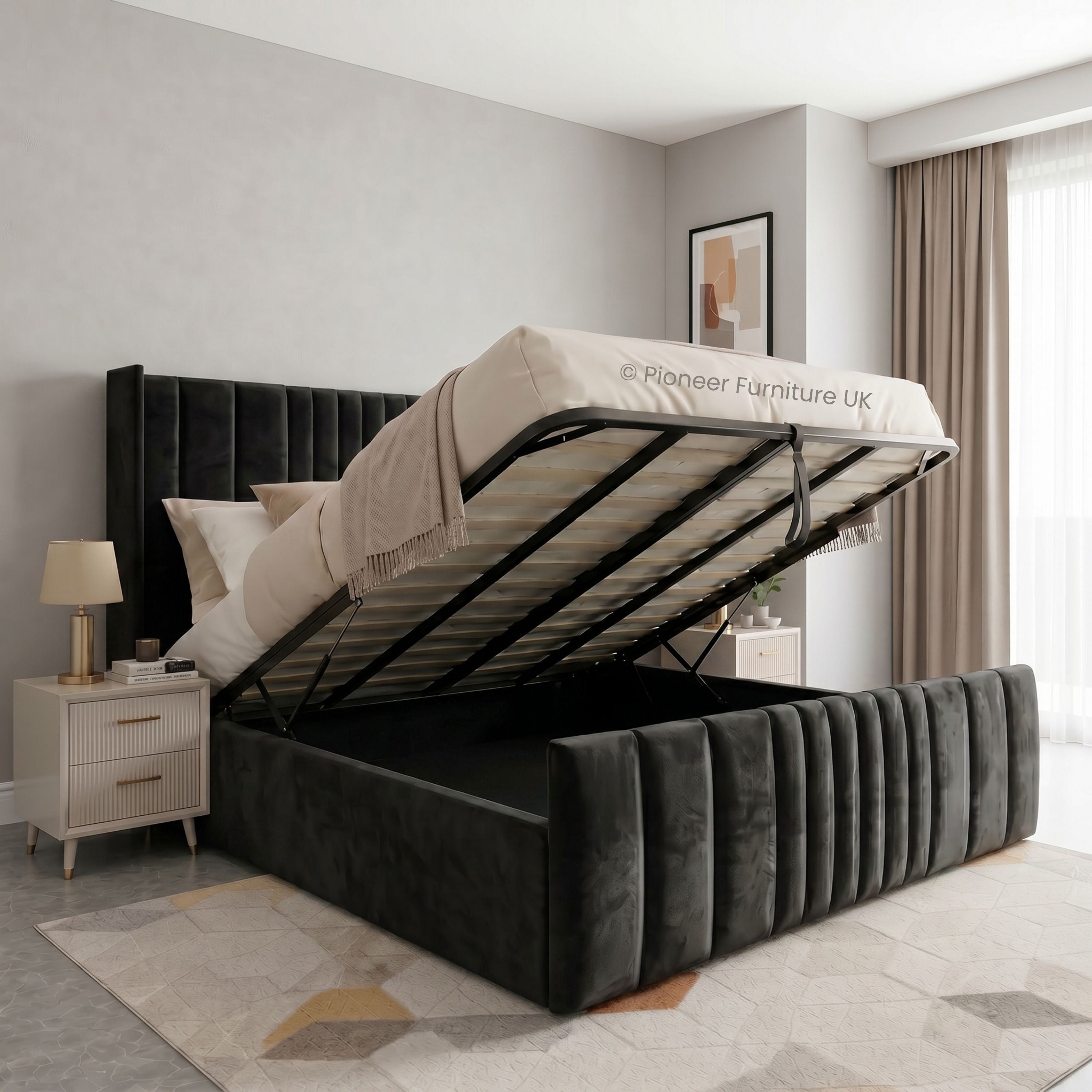 Ottoman bed Double 4FT6 in Grey & Black PioneerFurnitureUK