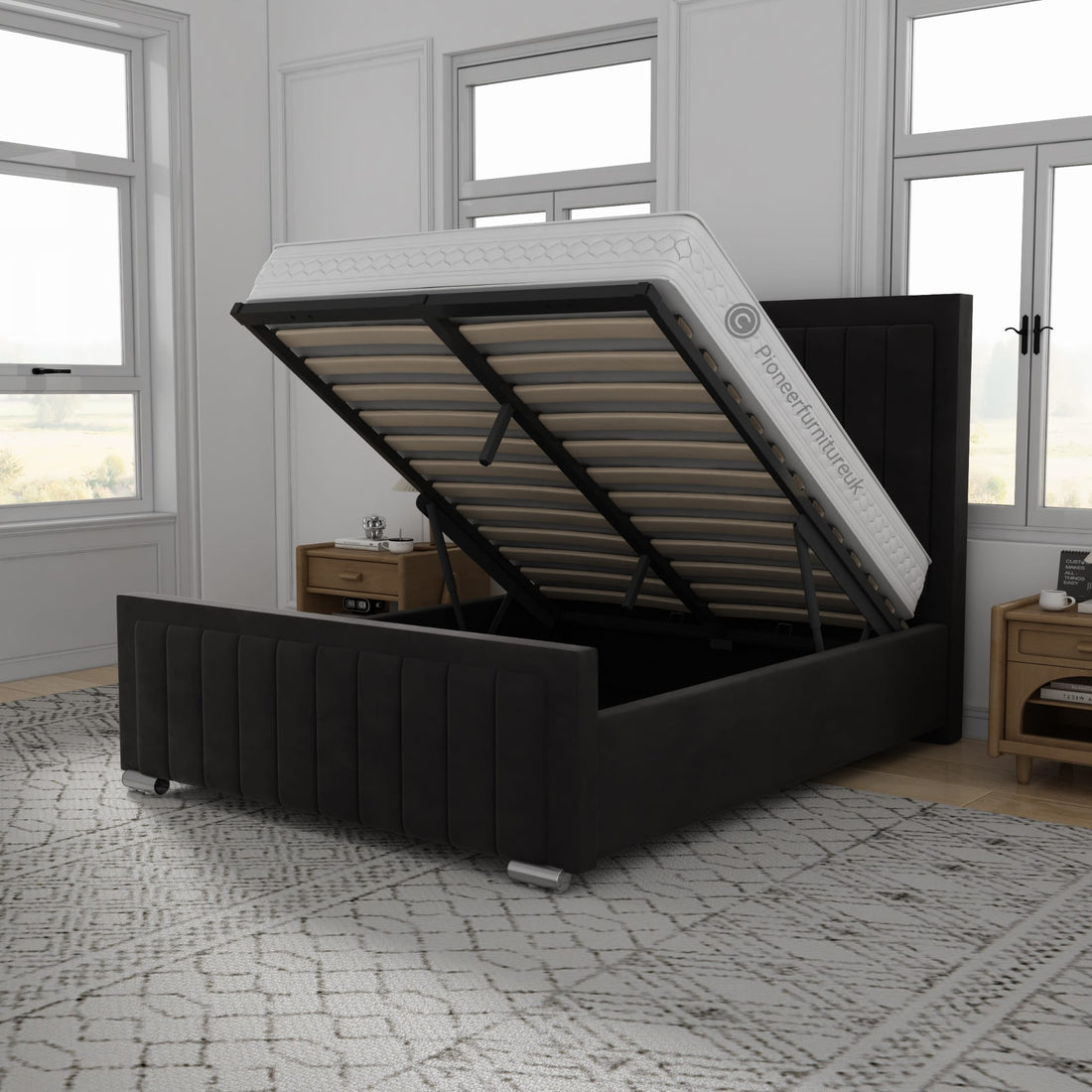OTTOMAN STORAGE BLACK PANEL PLUSH VELVET UPHOLSTERED BED FRAME DOUBLE KING SIZE