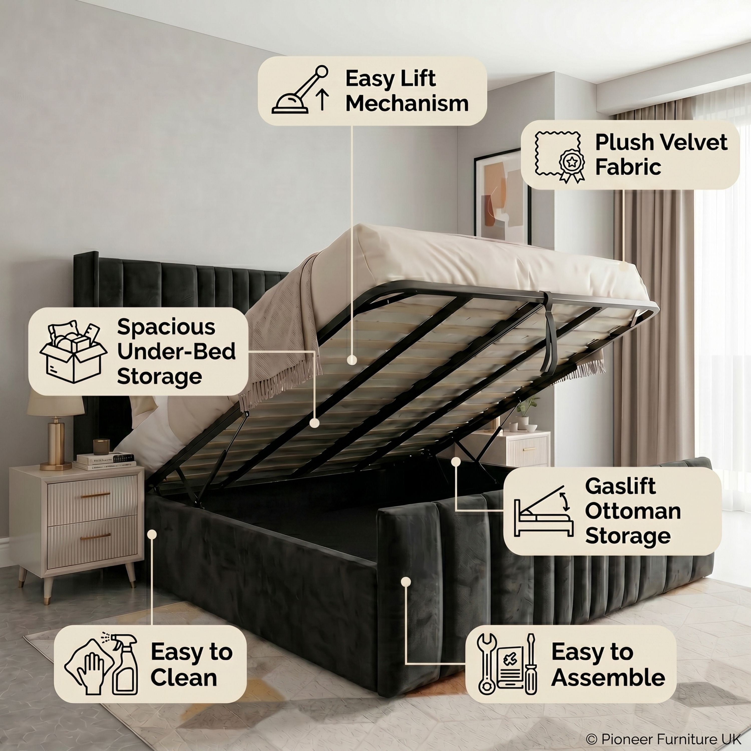 Panel Ottoman Storage Bed - Grey (Copy) PioneerFurnitureUK