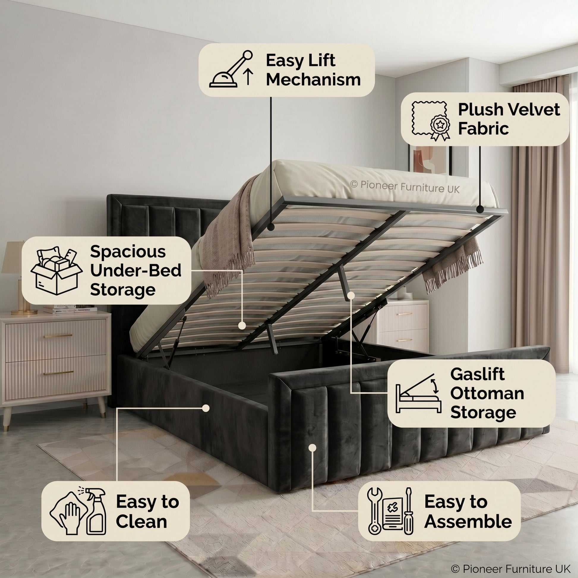 Panel Ottoman Storage Bed - Black PioneerFurnitureUK
