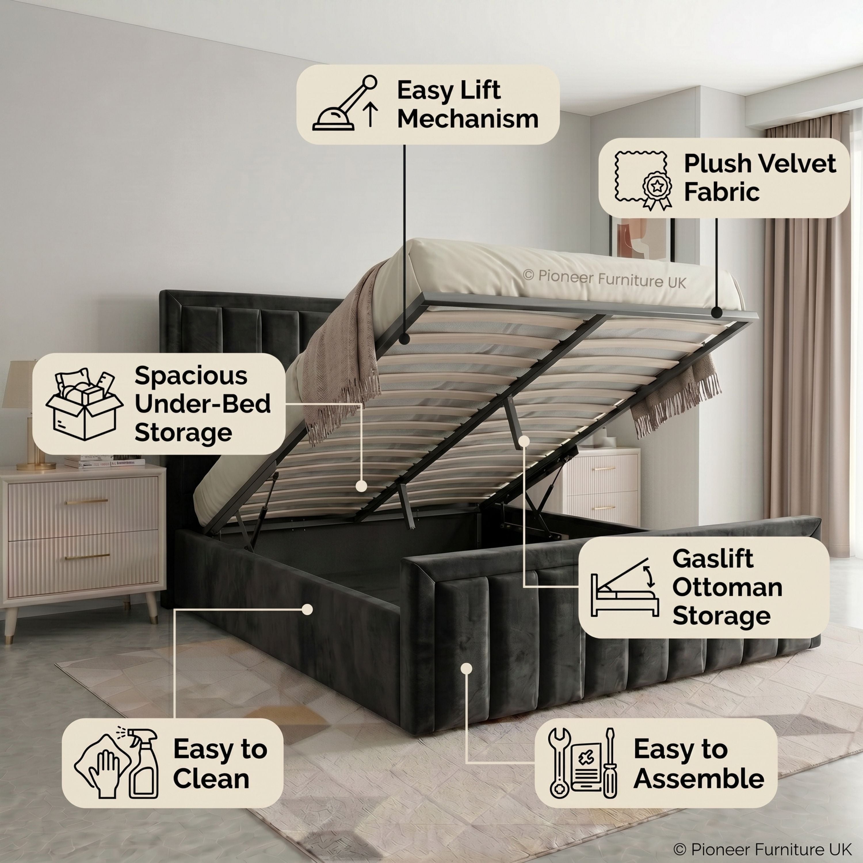 Panel Ottoman Storage Bed - Black PioneerFurnitureUK
