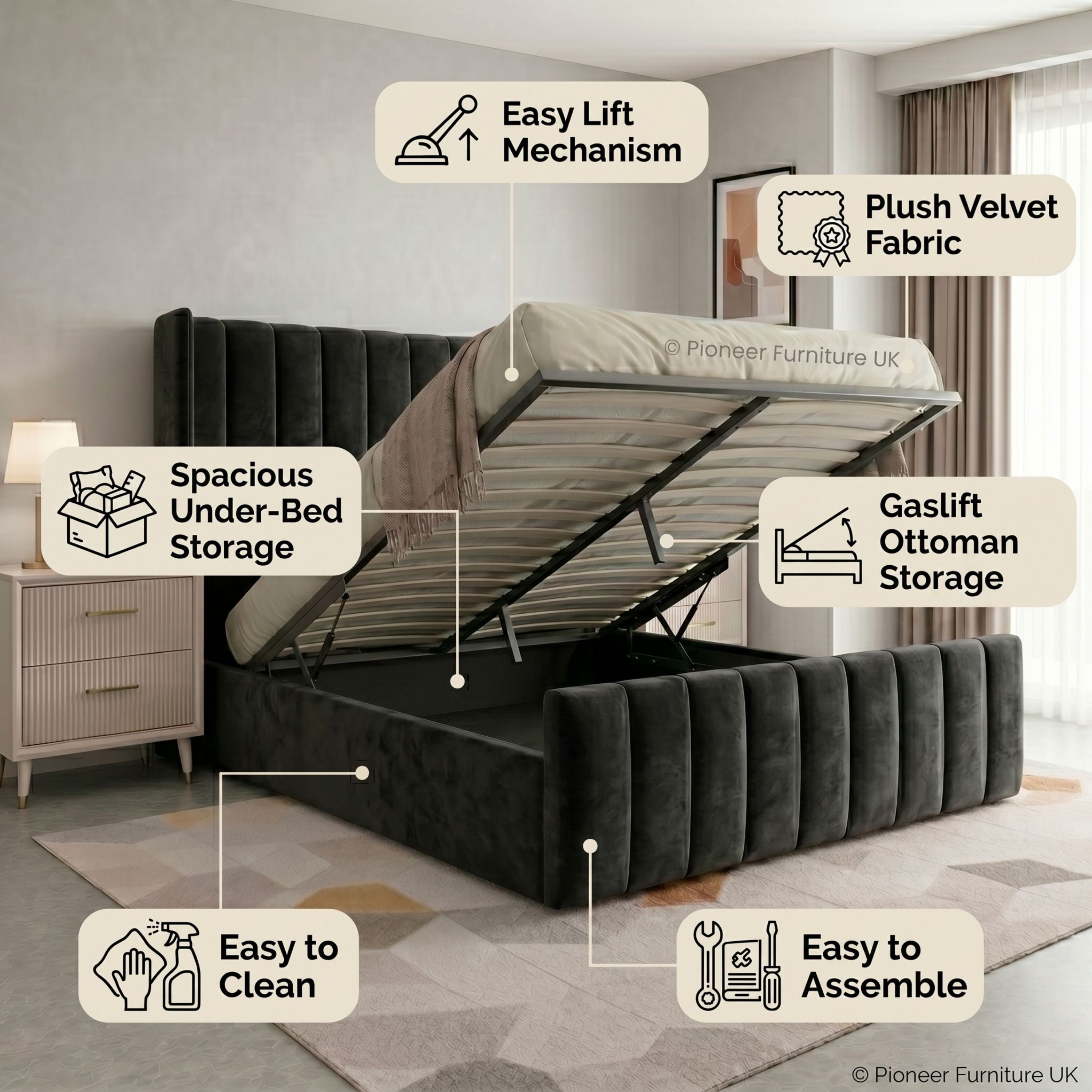 Wingback Panel Ottoman Bed - Black PioneerFurnitureUK