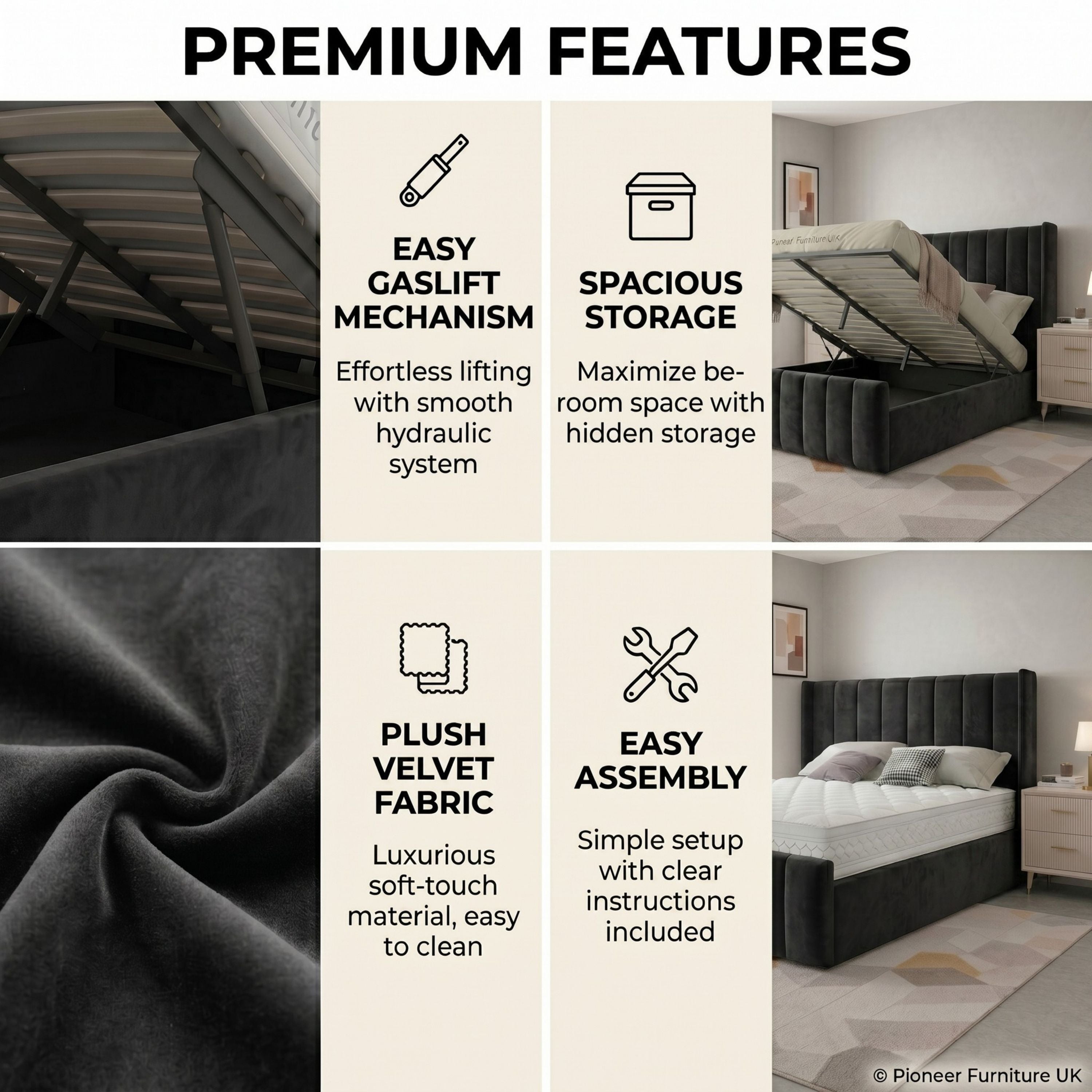 Wingback Panel Ottoman Bed - Black PioneerFurnitureUK
