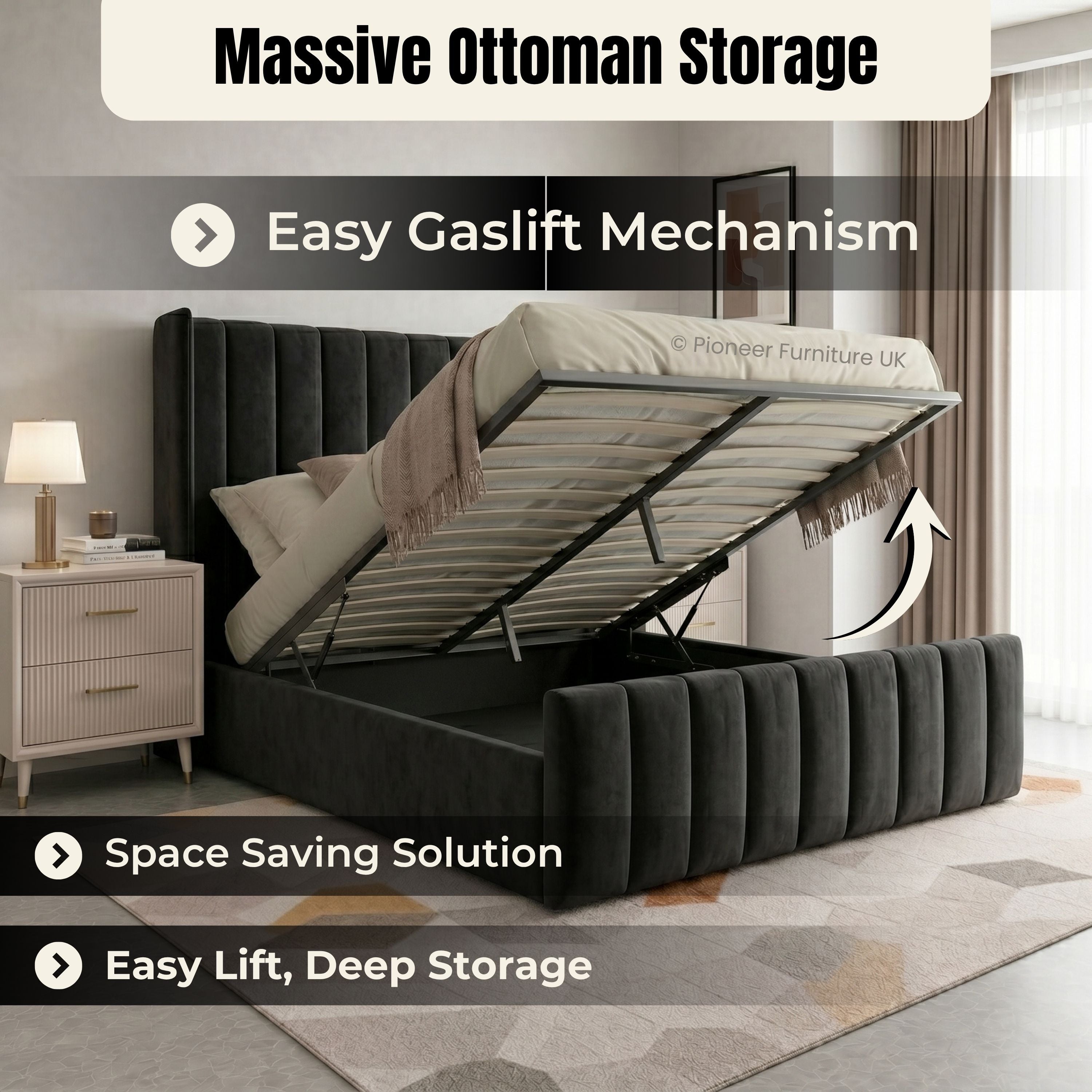 Wingback Panel Ottoman Bed - Black PioneerFurnitureUK