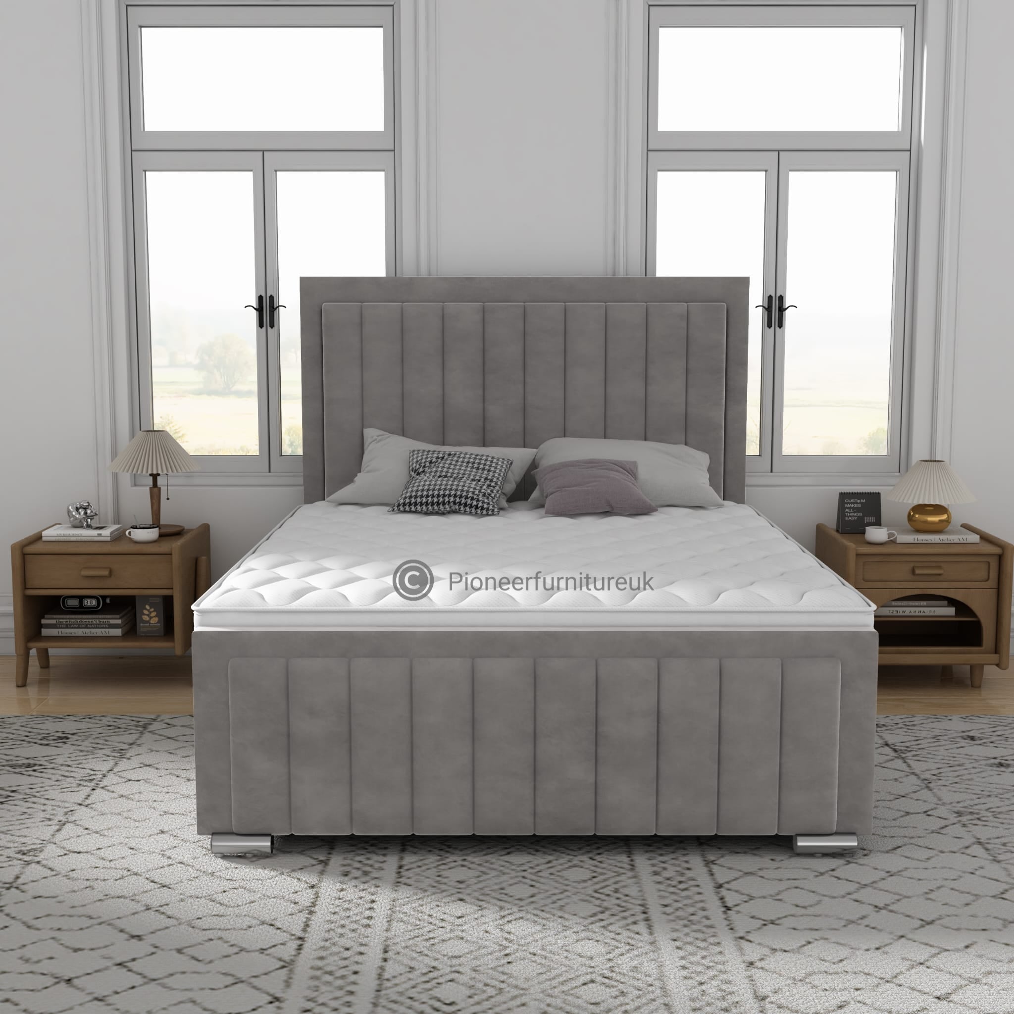 OTTOMAN STORAGE GREY PANEL PLUSH VELVET UPHOLSTERED BED FRAME DOUBLE KING SIZE