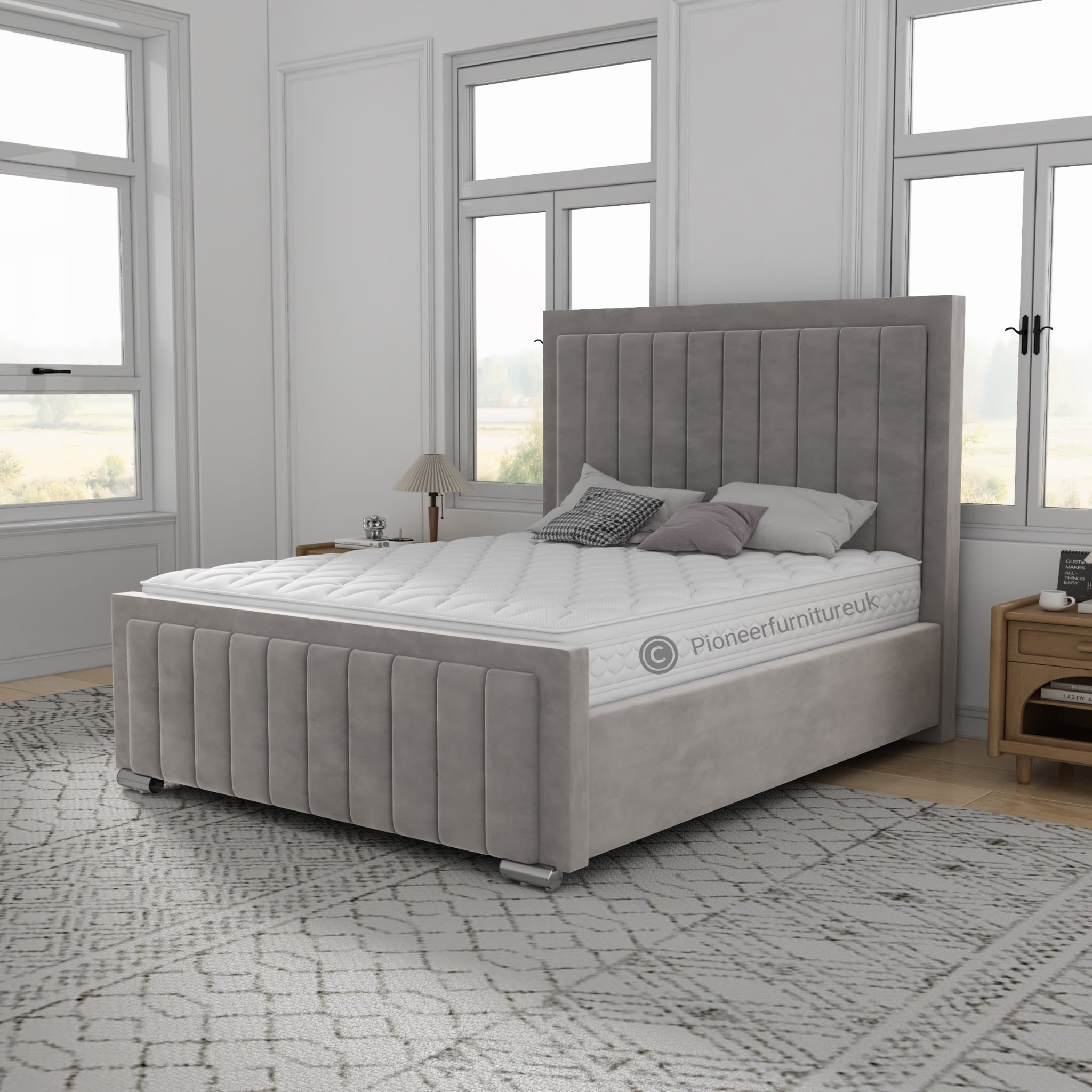 OTTOMAN STORAGE GREY PANEL PLUSH VELVET UPHOLSTERED BED FRAME DOUBLE KING SIZE