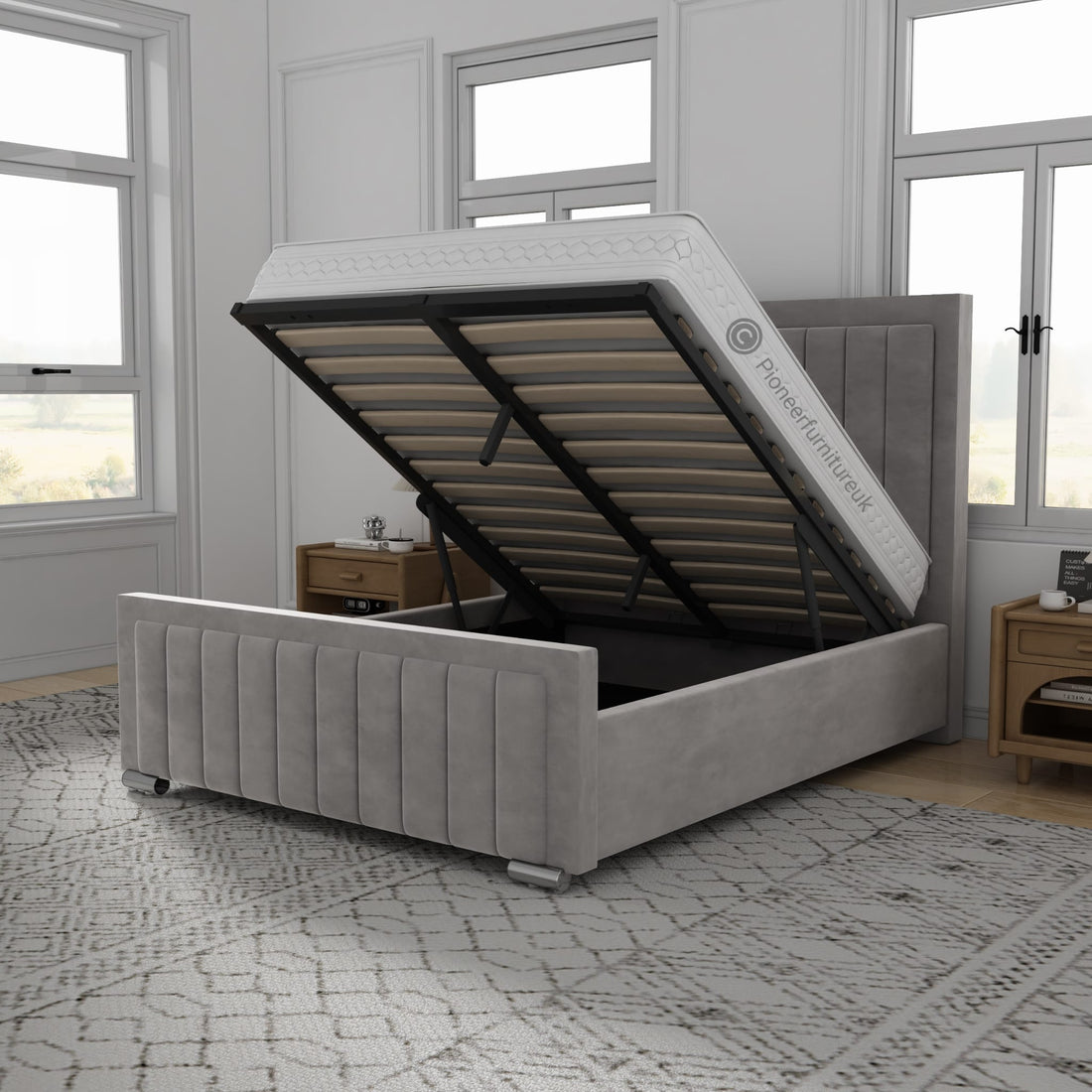 OTTOMAN STORAGE GREY PANEL PLUSH VELVET UPHOLSTERED BED FRAME DOUBLE KING SIZE