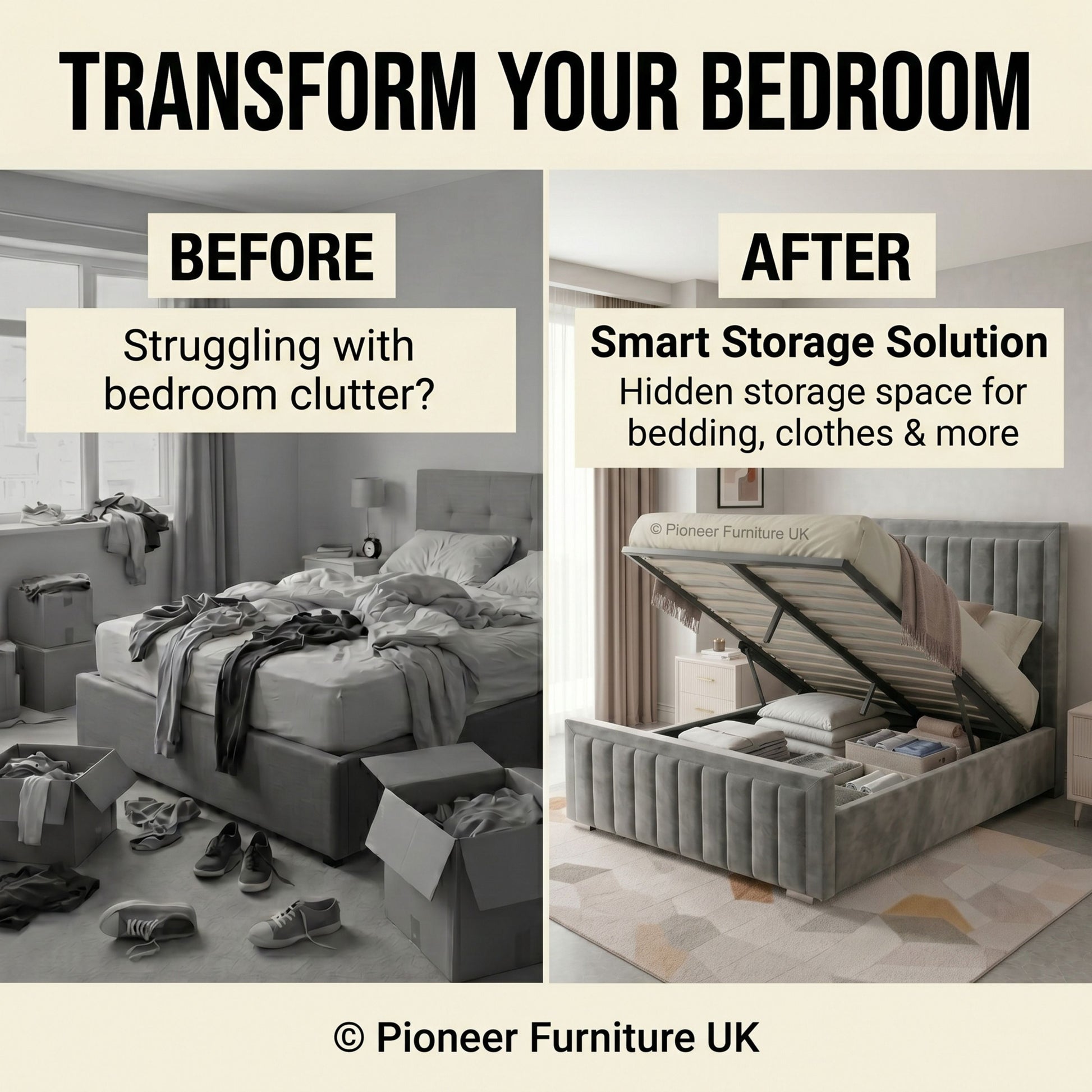 Panel Ottoman Storage Bed - Grey PioneerFurnitureUK