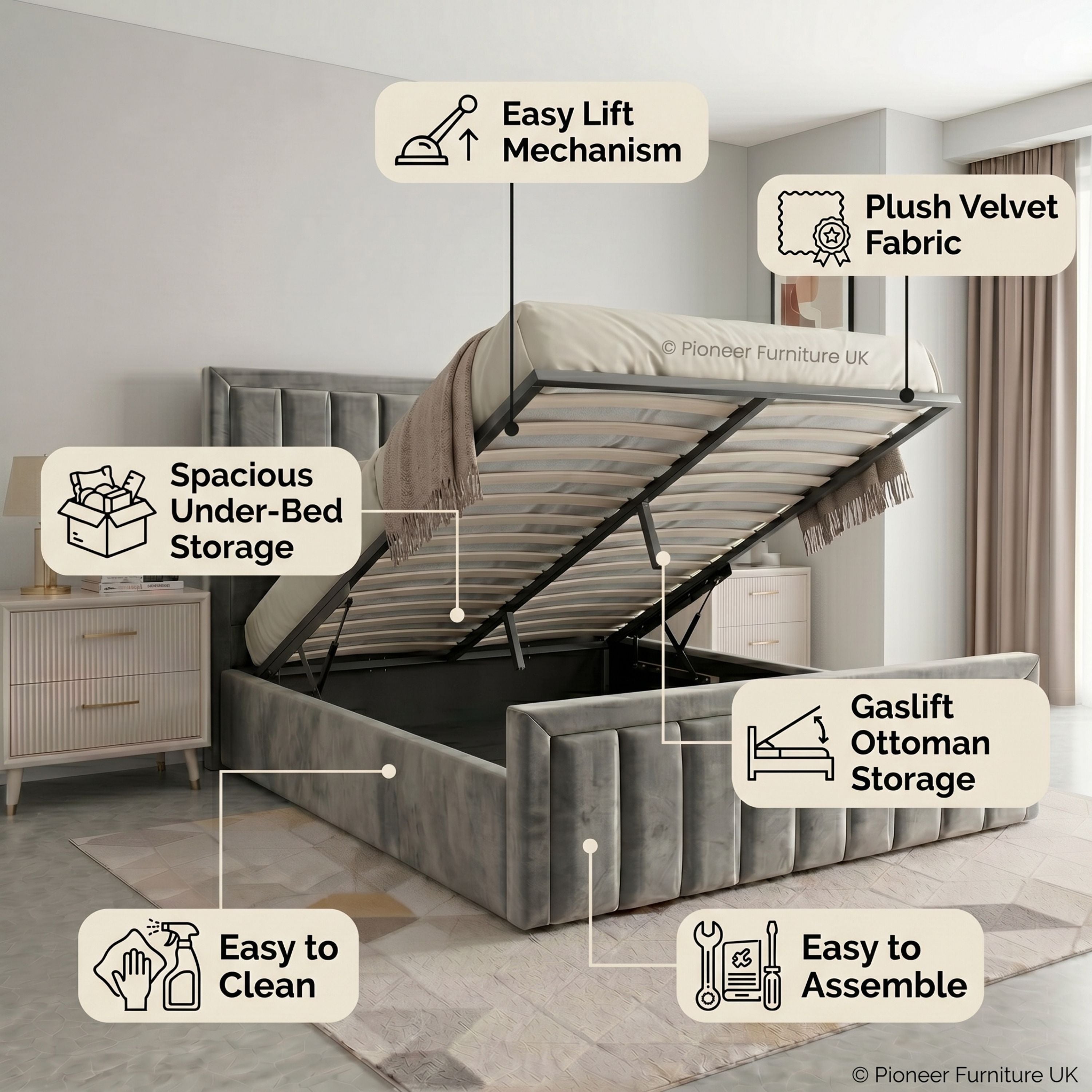 Panel Ottoman Storage Bed - Grey PioneerFurnitureUK