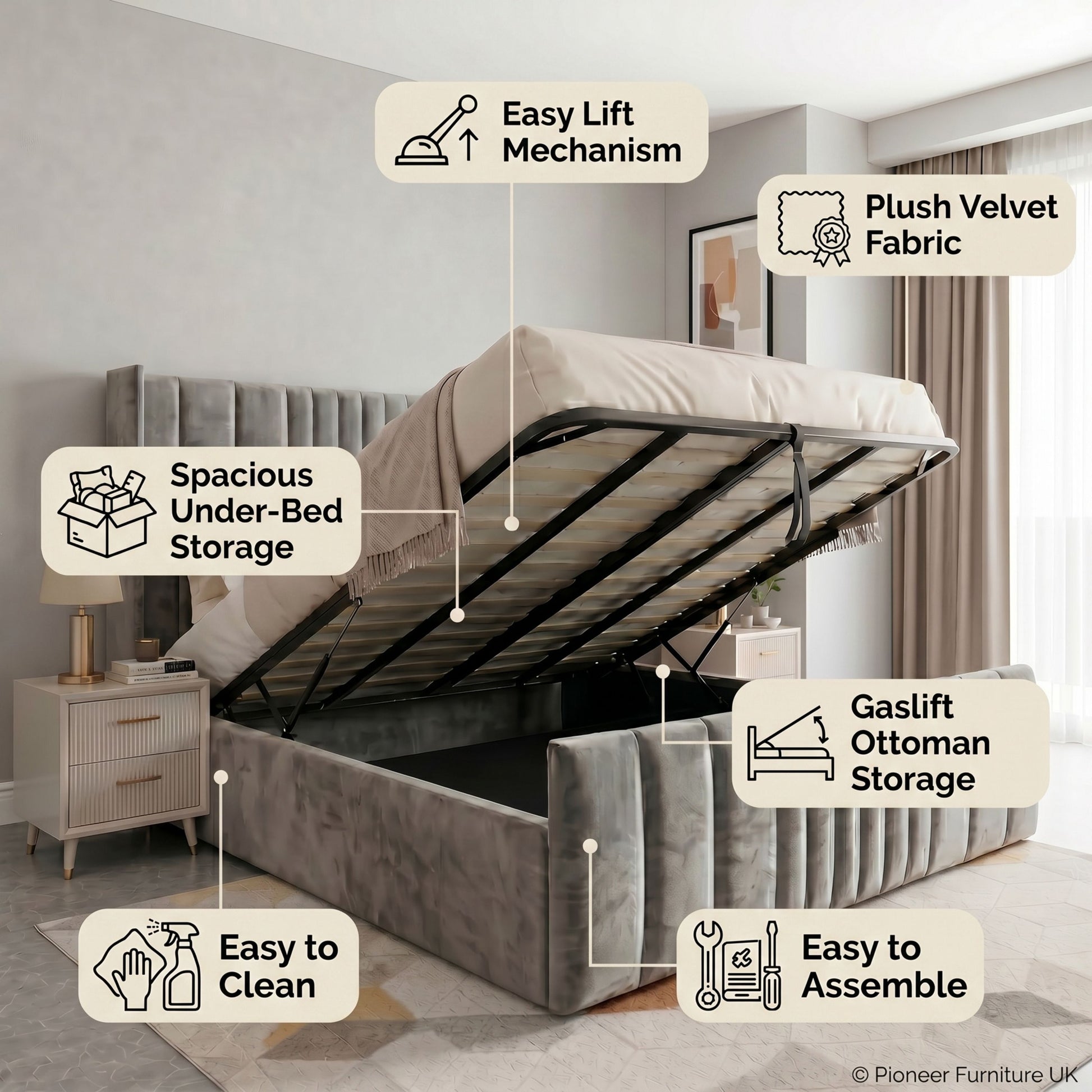 Ottoman bed Double 4FT6 in Grey & Black PioneerFurnitureUK
