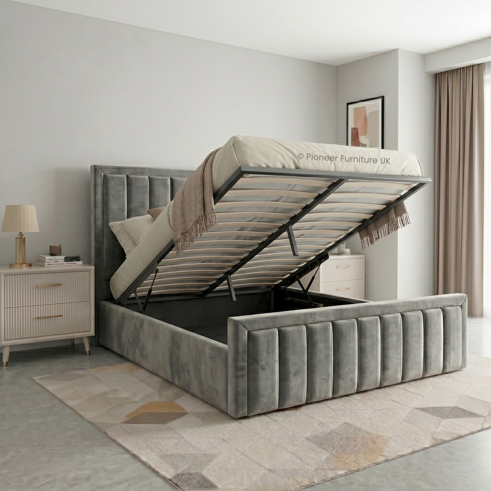 Panel Ottoman Storage Bed - Grey PioneerFurnitureUK