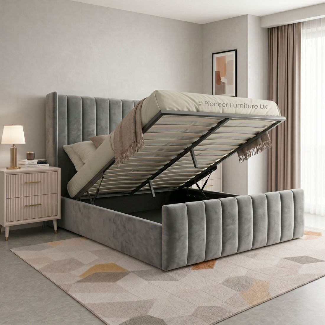 Wingback Panel Ottoman Bed - Grey PioneerFurnitureUK