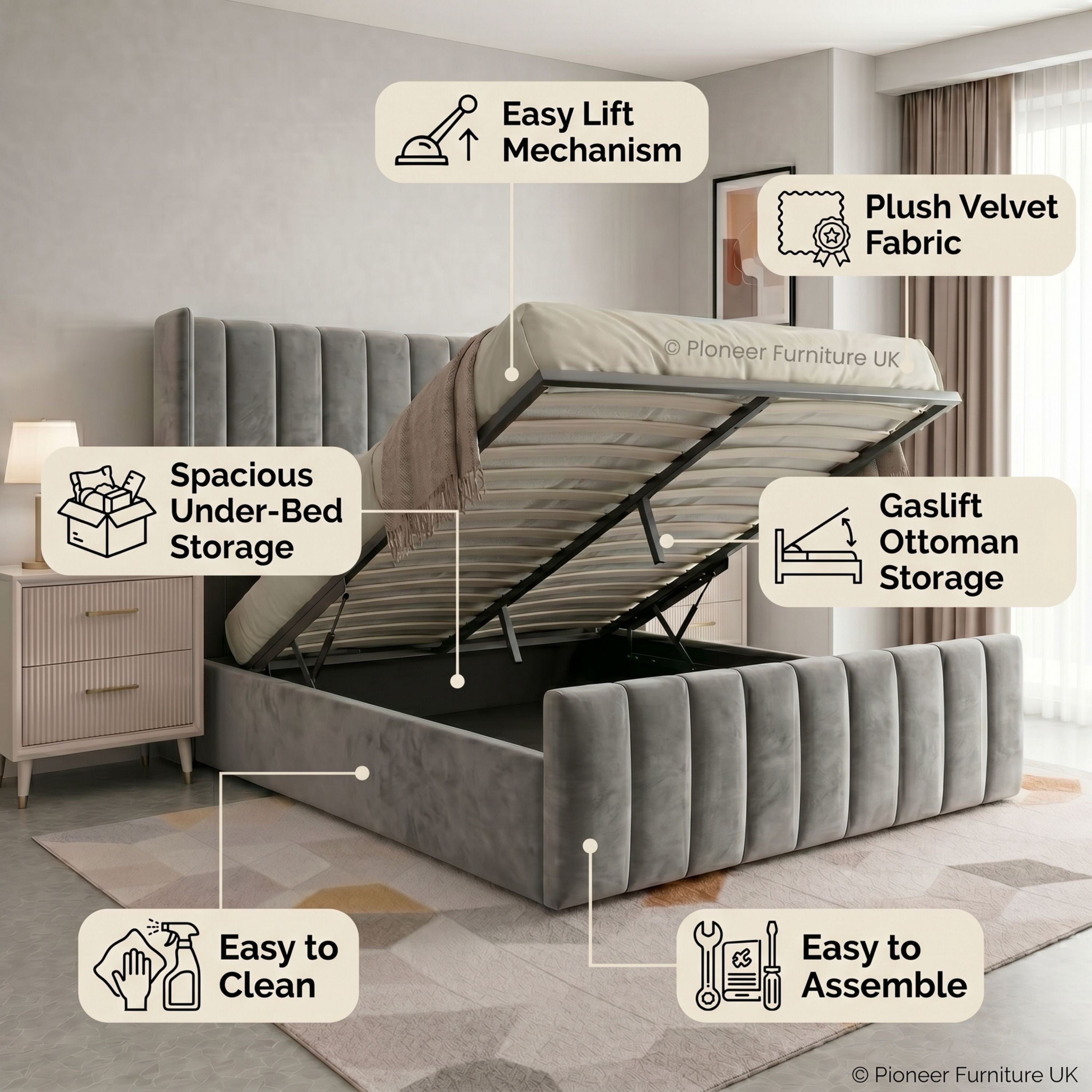 Wingback Panel Ottoman Bed - Grey PioneerFurnitureUK