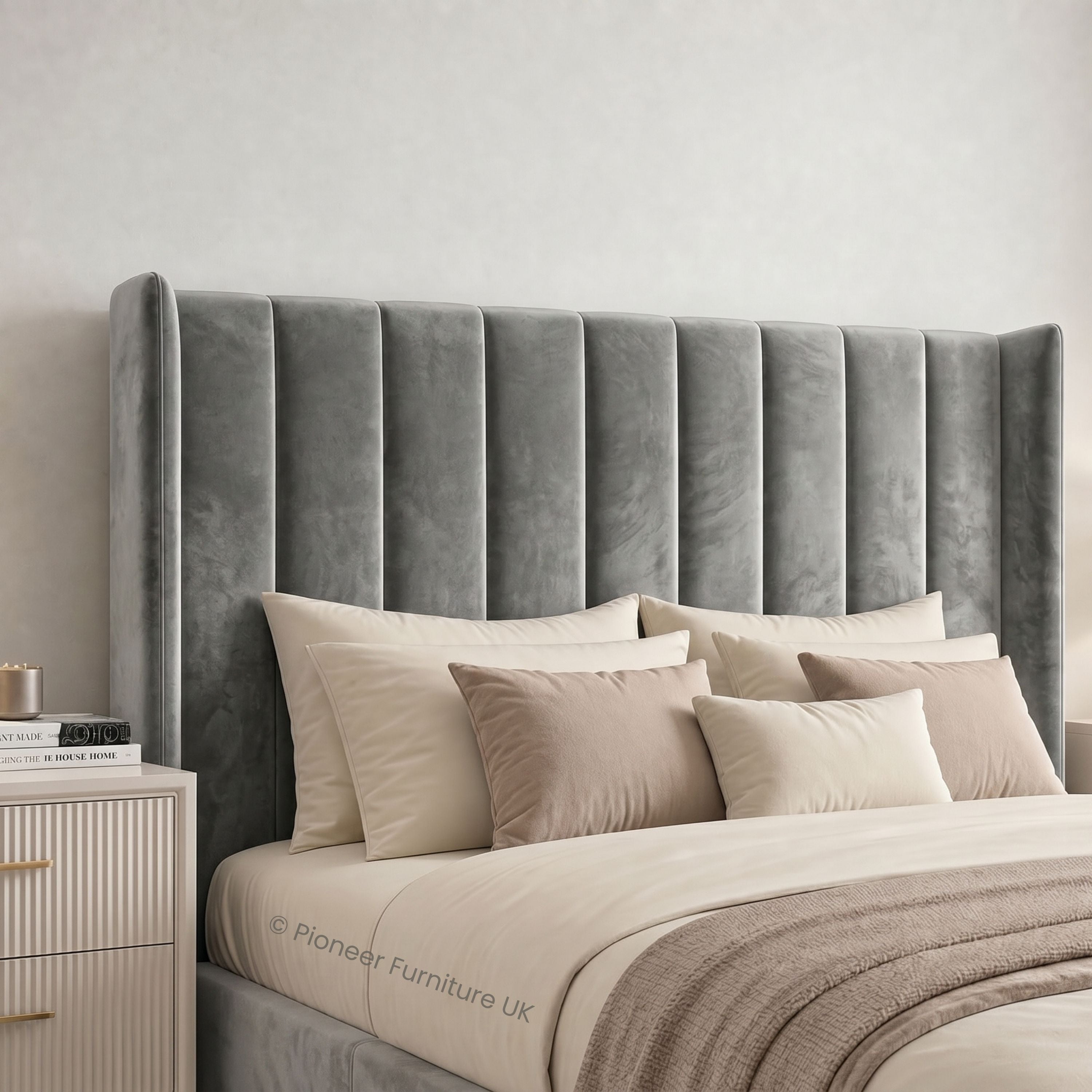 Wingback Panel Ottoman Bed - Grey PioneerFurnitureUK