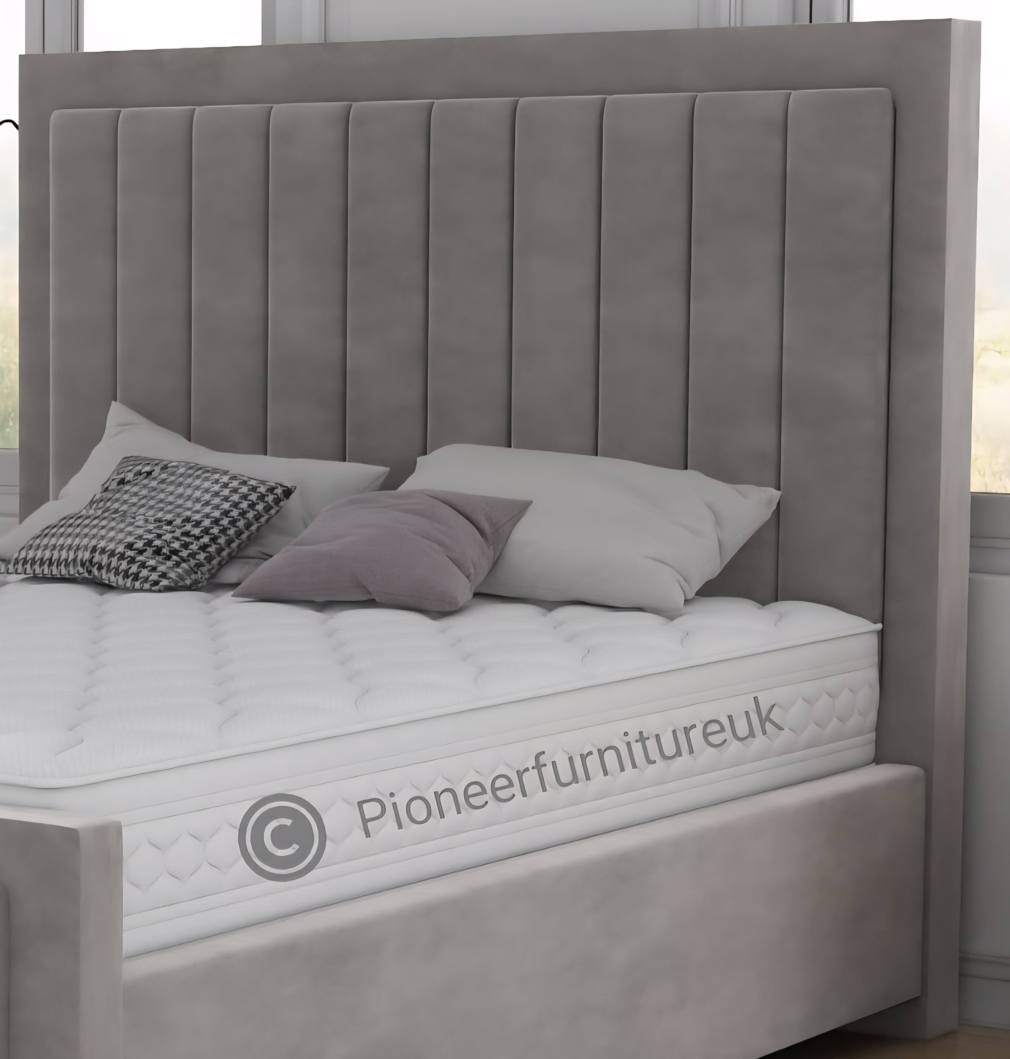 OTTOMAN STORAGE GREY PANEL PLUSH VELVET UPHOLSTERED BED FRAME DOUBLE KING SIZE