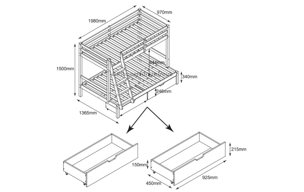 Bunk Bed 4ft bottom 3ft top with drawers white