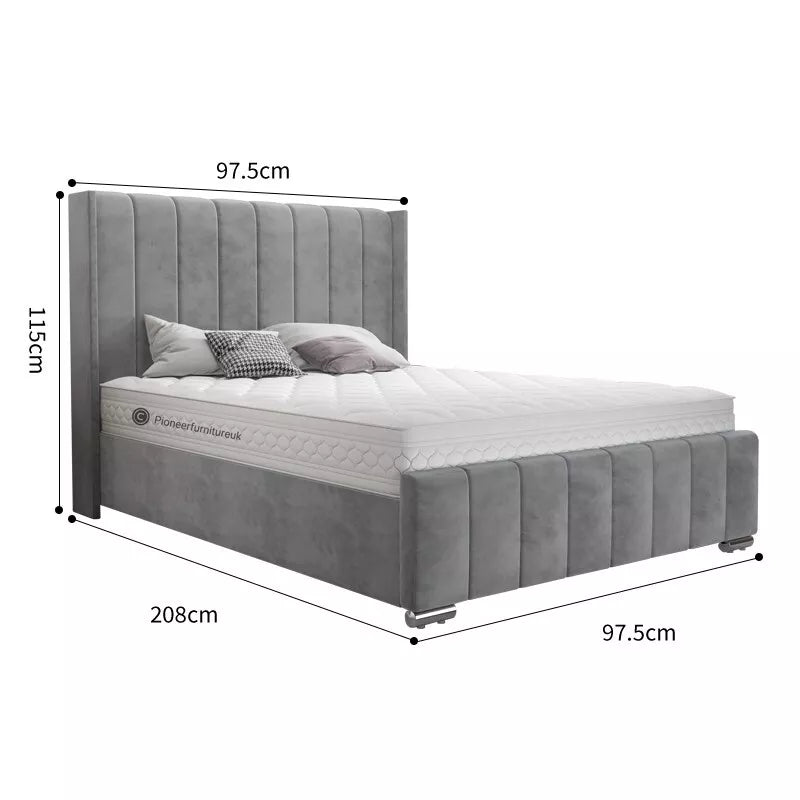 OTTOMAN BED FRAME GREY WING PANEL PLUSH VELVET UPHOLSTERED DOUBLE 4FT6 3FT 5FT