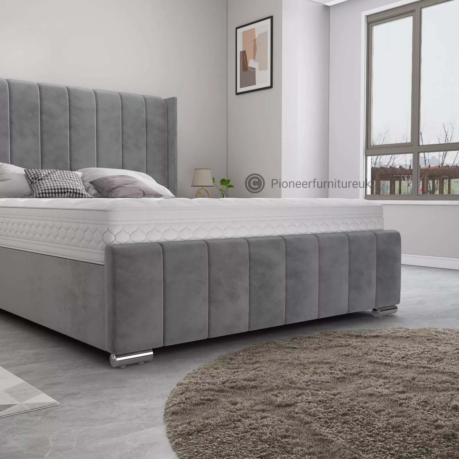 OTTOMAN BED FRAME GREY WING PANEL PLUSH VELVET UPHOLSTERED DOUBLE 4FT6 3FT 5FT