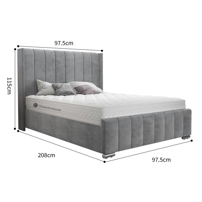 OTTOMAN BED FRAME GREY WING PANEL PLUSH VELVET UPHOLSTERED DOUBLE 4FT6 3FT 5FT