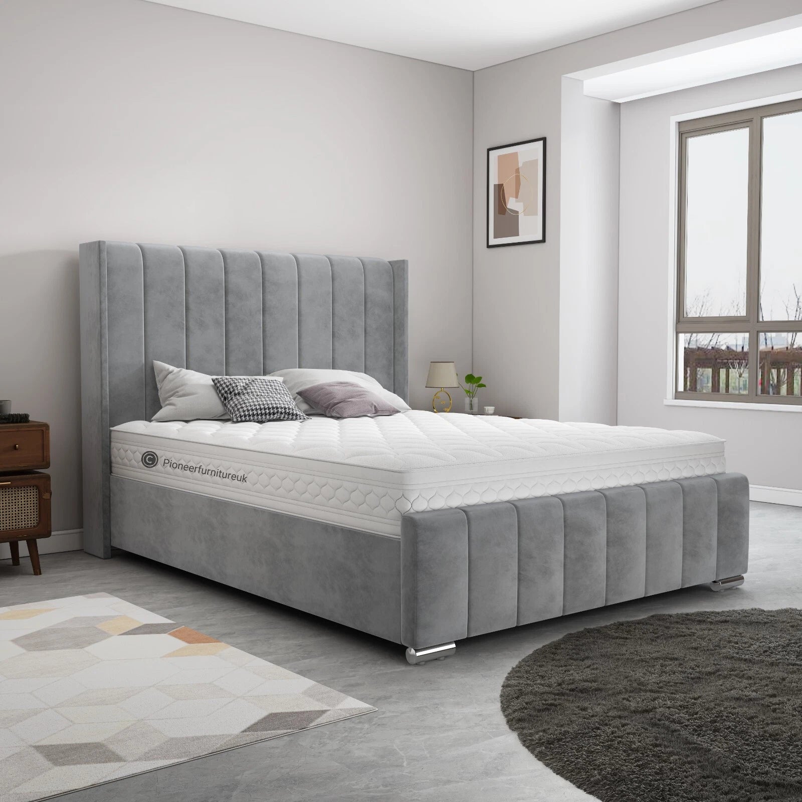 OTTOMAN BED FRAME GREY WING PANEL PLUSH VELVET UPHOLSTERED DOUBLE 4FT6 3FT 5FT