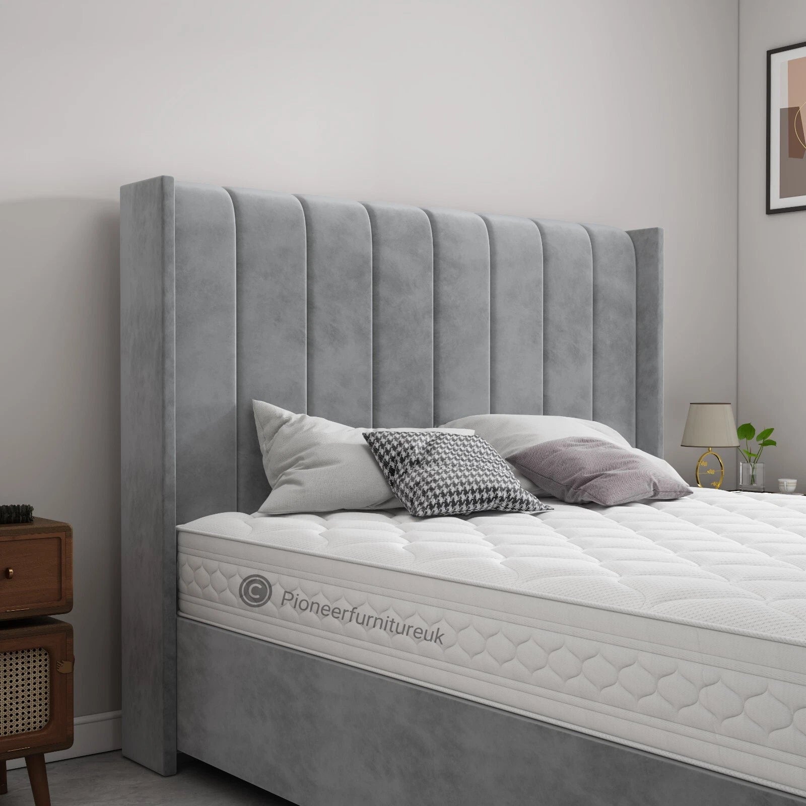 OTTOMAN BED FRAME GREY WING PANEL PLUSH VELVET UPHOLSTERED DOUBLE 4FT6 3FT 5FT