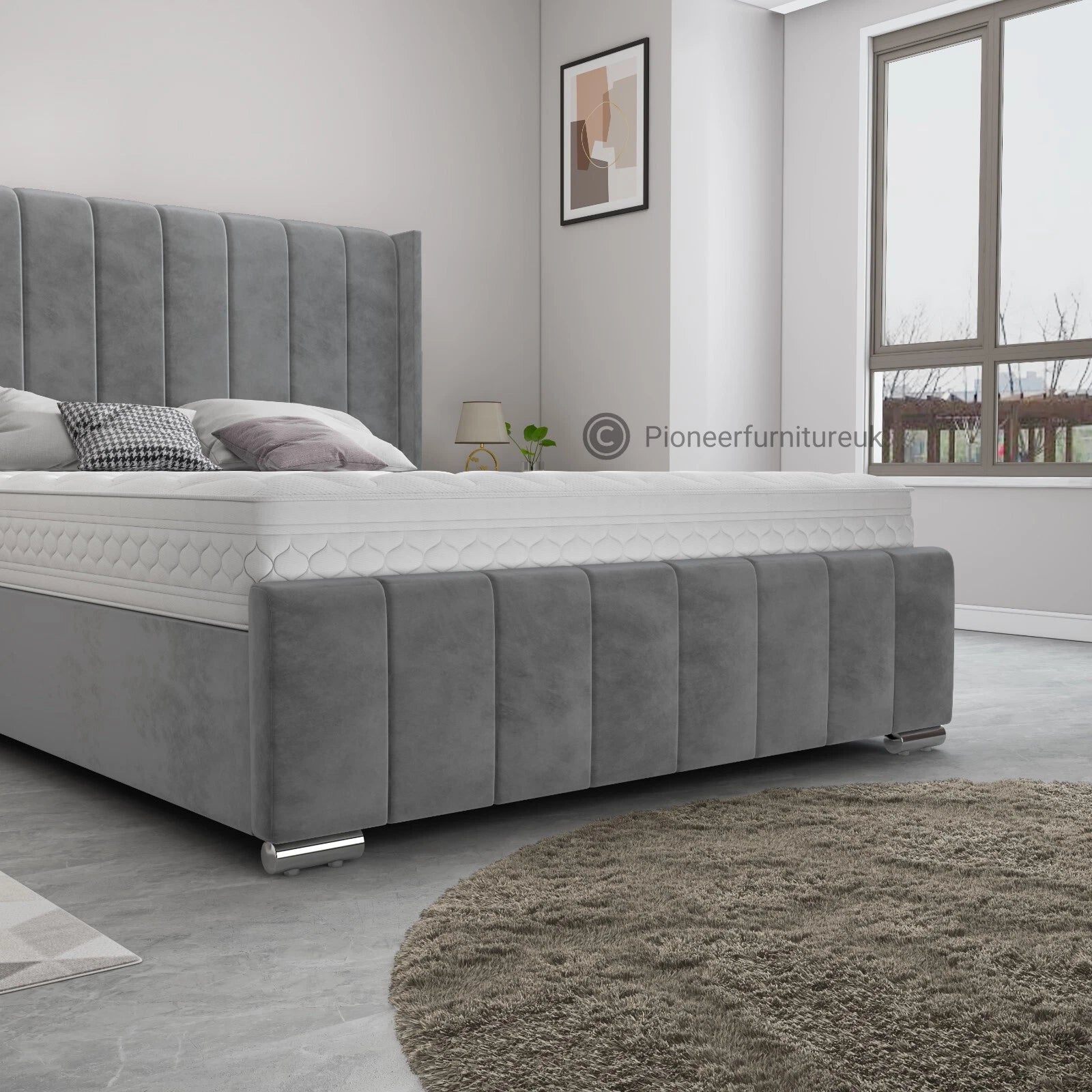 OTTOMAN BED FRAME GREY WING PANEL PLUSH VELVET UPHOLSTERED DOUBLE 4FT6 3FT 5FT