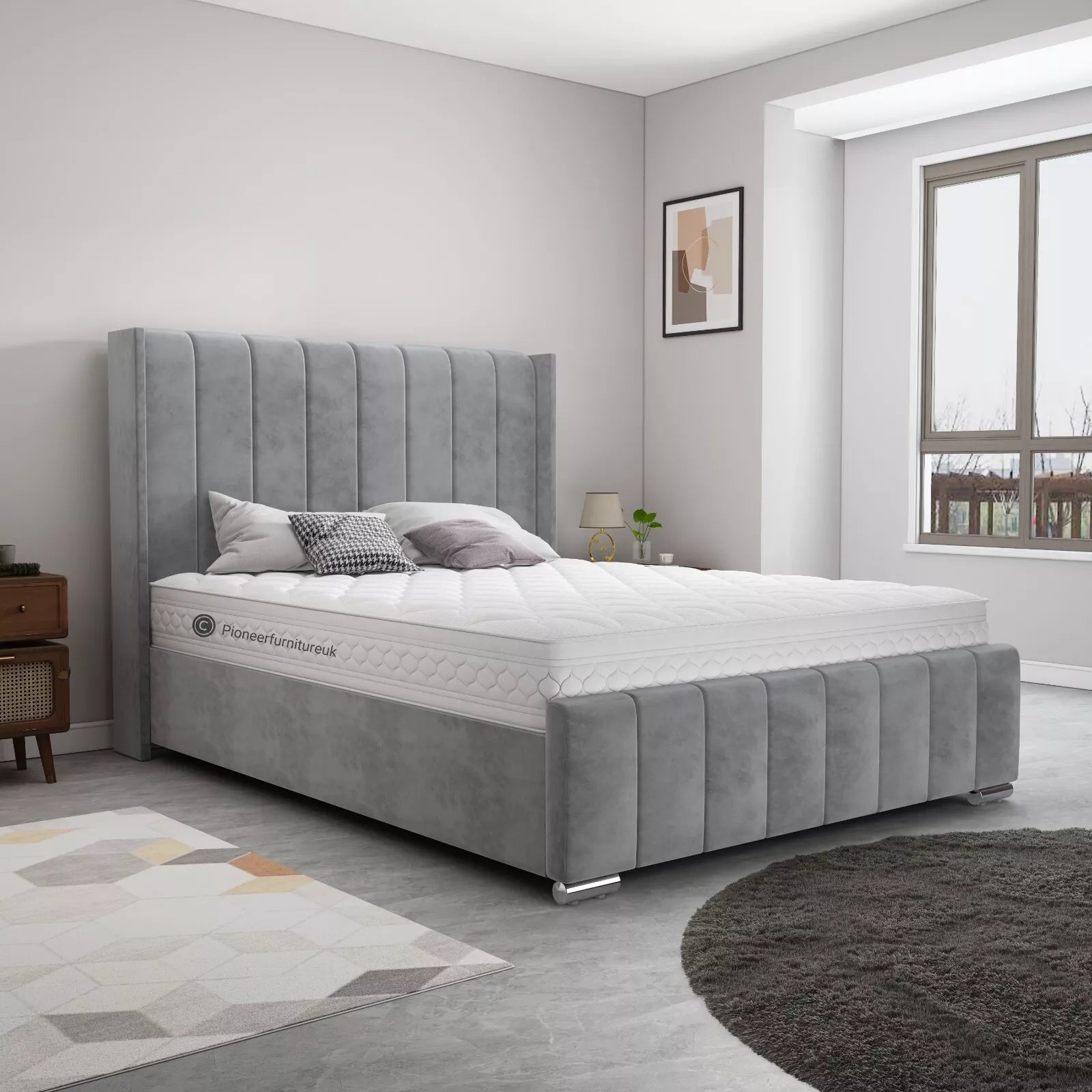 OTTOMAN BED FRAME GREY WING PANEL PLUSH VELVET UPHOLSTERED DOUBLE 4FT6 3FT 5FT